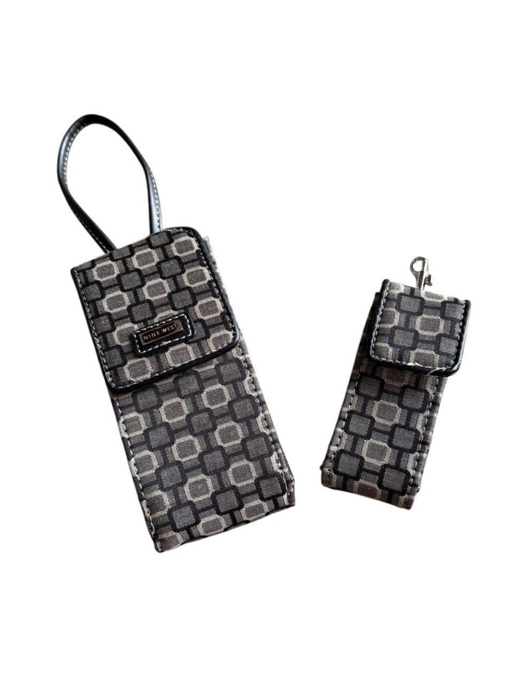Nine West Black and Gray Geometric Fabric Phone Wristlet with Clip Pouch